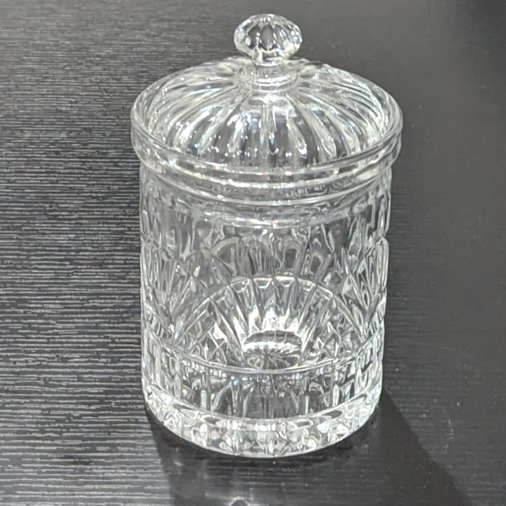 Vintage Lead Crystal Cookie Jar w/ Lid. 7.25" h, 4.125" diam, 3.4 lb . Unmarked.